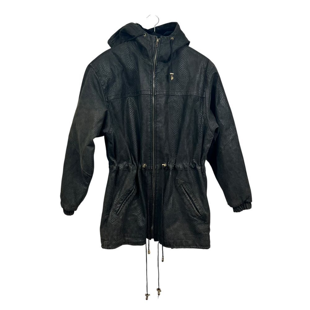 VTG G-III Womens Leather Hooded Parka Winter Coat Snake Print Texture Black Sz S